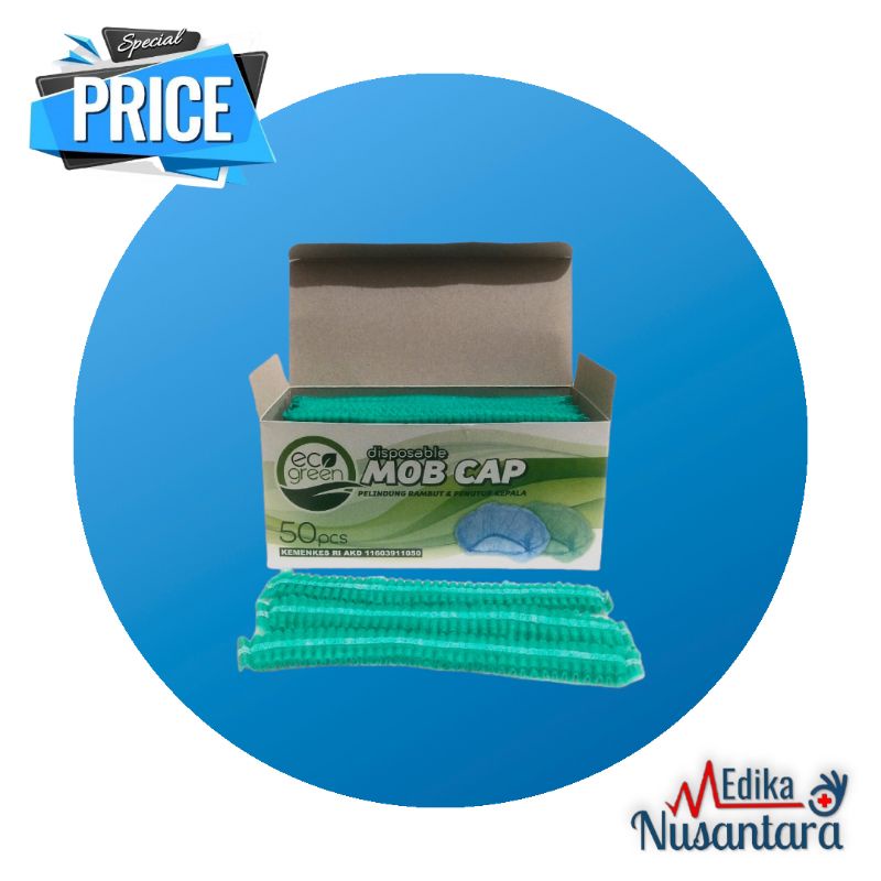 Eco Green Hairnet Disposable Mob Cap Pelindung Rambut dan Penutup Kepala / Nurse Cup / Hair Cap