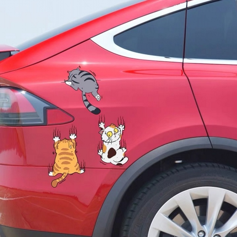 Stiker Mobil Motif Kartun Kucing Memanjat Bahan Vinyl Anti Air / Gores