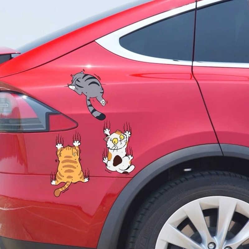 Stiker Mobil Motif Kartun Kucing Memanjat Bahan Vinyl Anti Air / Gores