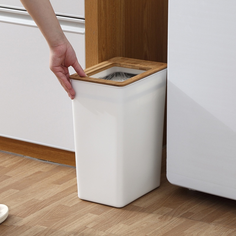 Tempat Sampah Putih Minimalis dengan Tutup Kayu Trash Bin - Tempat Sampah Aesthetic Estetik White Wooden