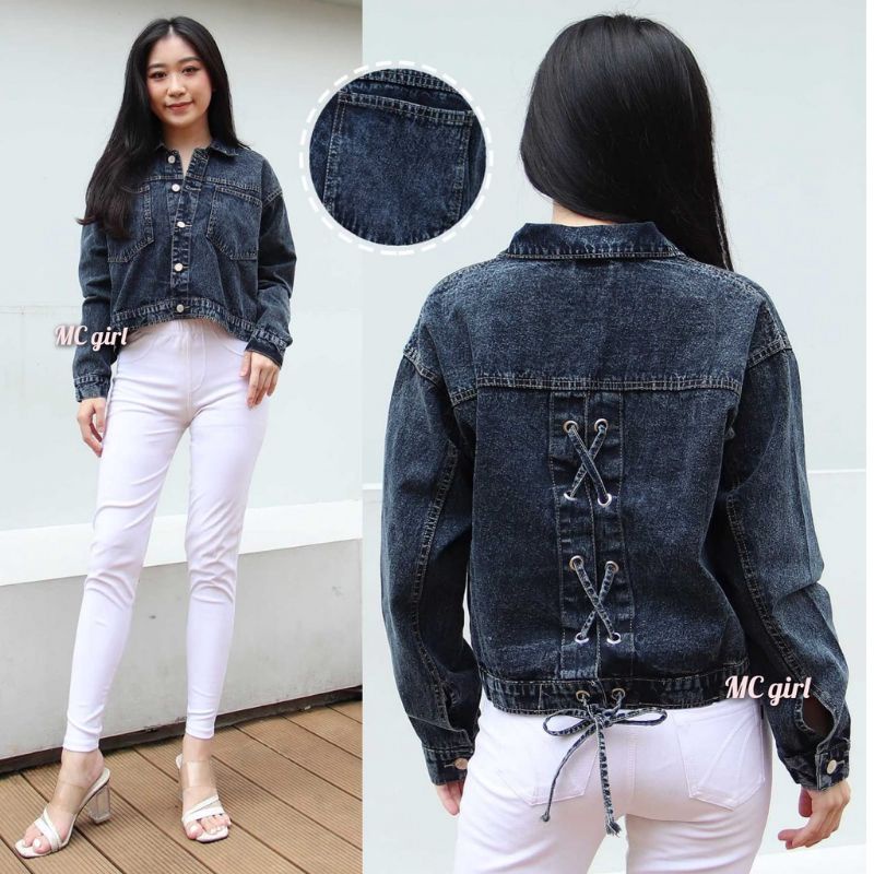 Jaket Jeans Crop Wanita Model Tali Belakang Terbaru Korean Style / Vintage Oversize Jacket