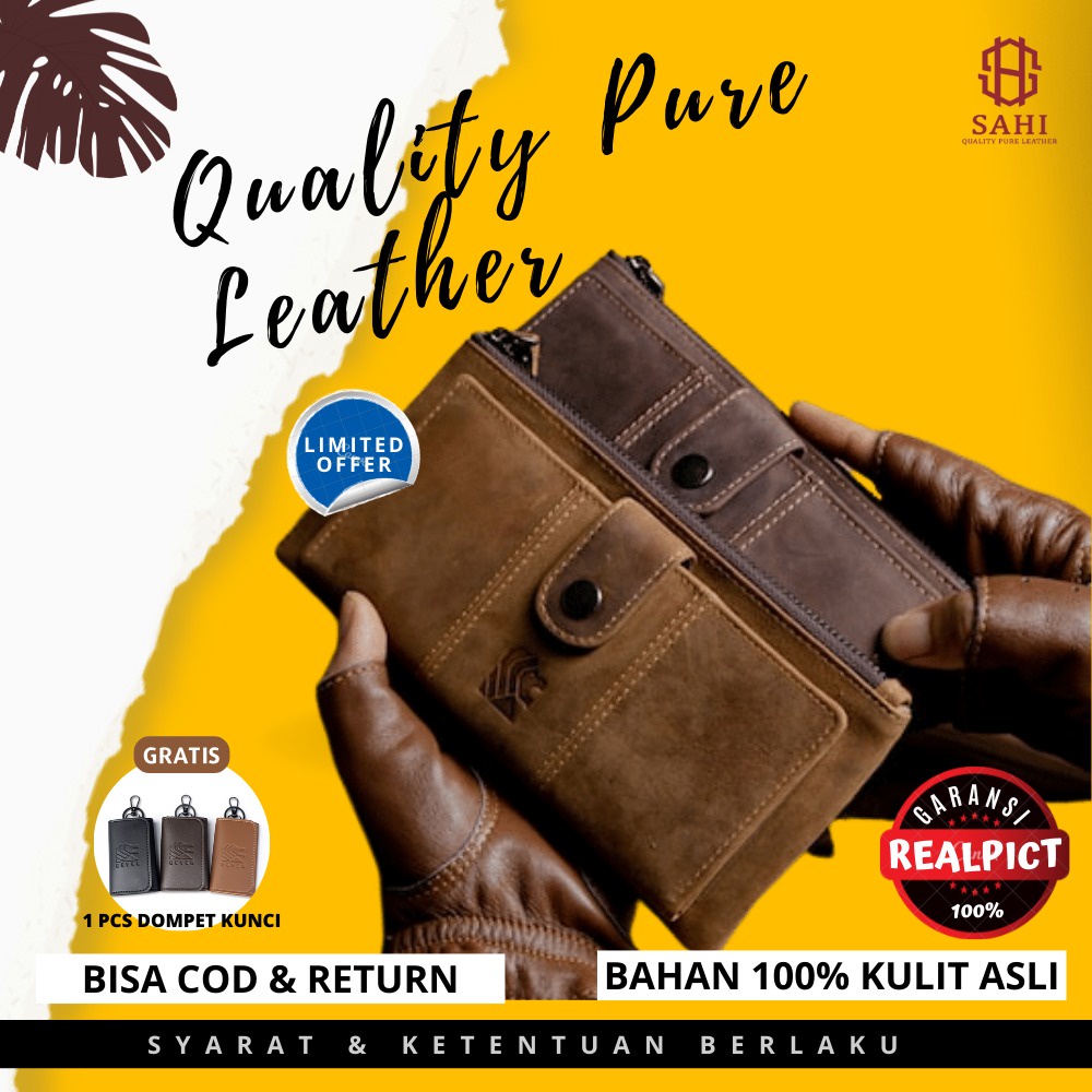 Dompet Kulit Asli Pria Cowok Cowo Laki Laki Dompet Kancing Resleting Muat Banyak Kartu Uang HP BIFOL
