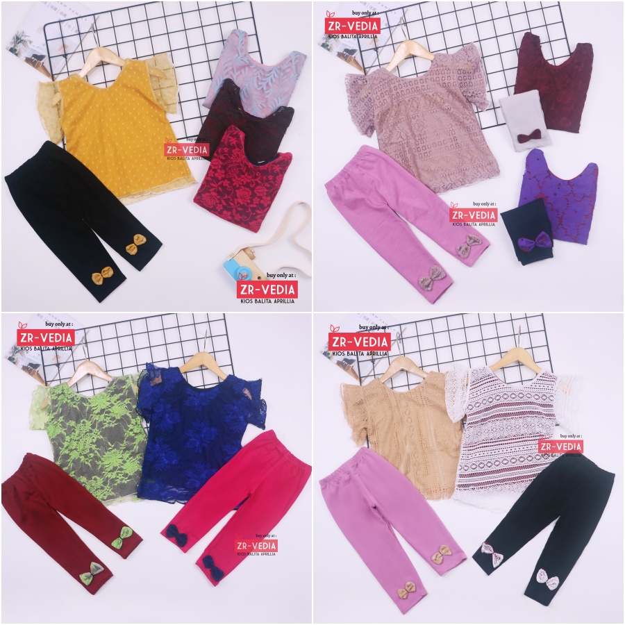 Setelan Seline uk 1-2 Tahun / Set Brukat Anak Perempuan Import Atasan Lengan Legging Polos Branded