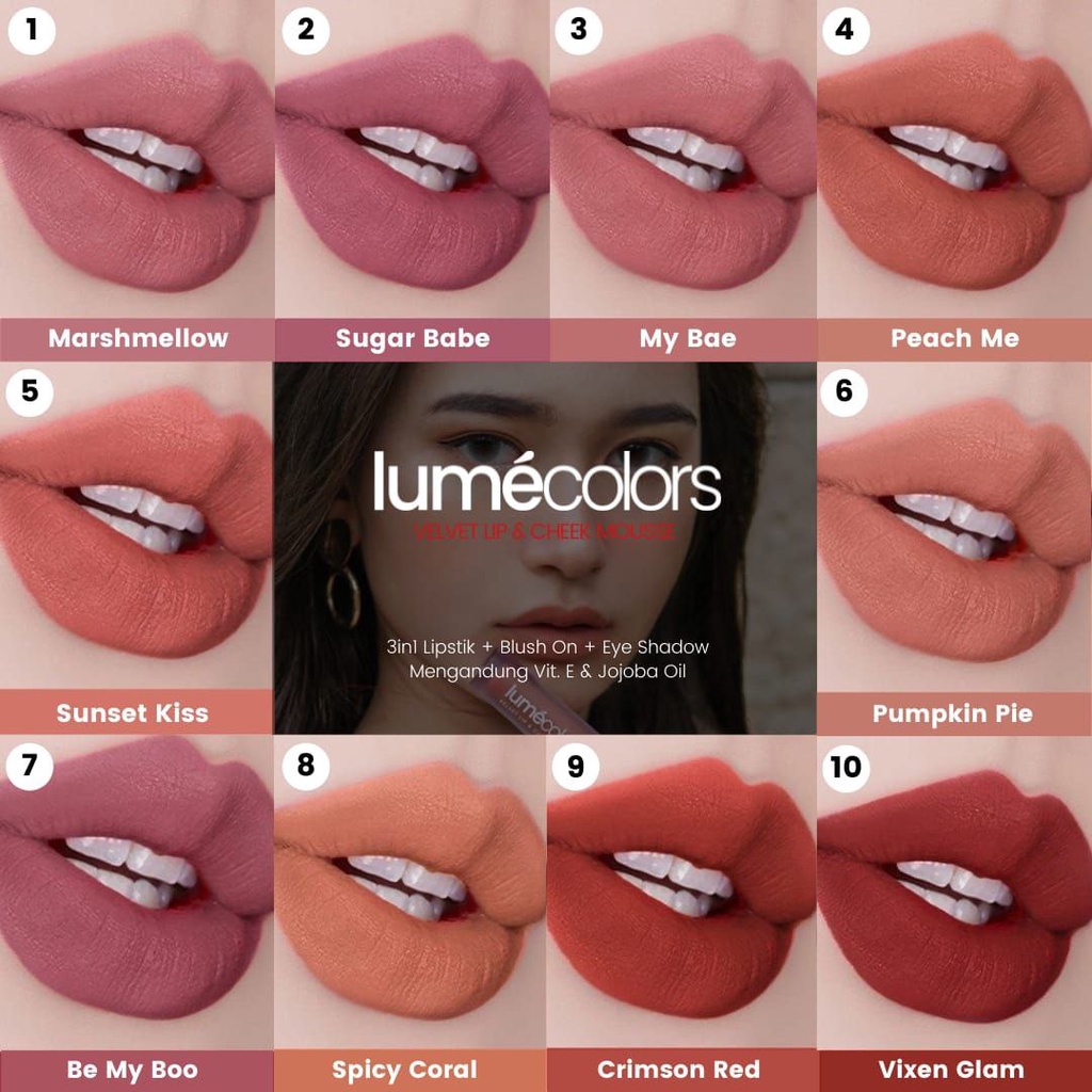 (Free Emas 24K) Lumecolors Paket Bundling 3pcs Lipmousse 3IN1 Lip+Eyeshadow+Blush-On (bebas pilih warna)