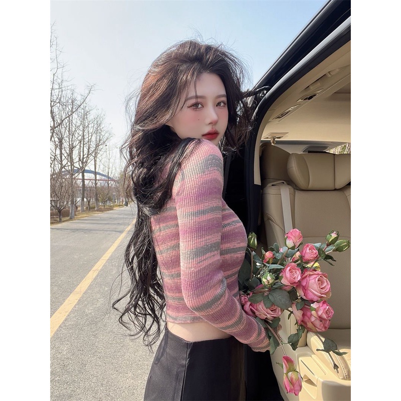 Hot girl gaya BM bergaris rajutan sweater wanita musim semi dan musim gugur ukuran besar gemuk mm slim fit bottoming kemeja dengan top in pasang