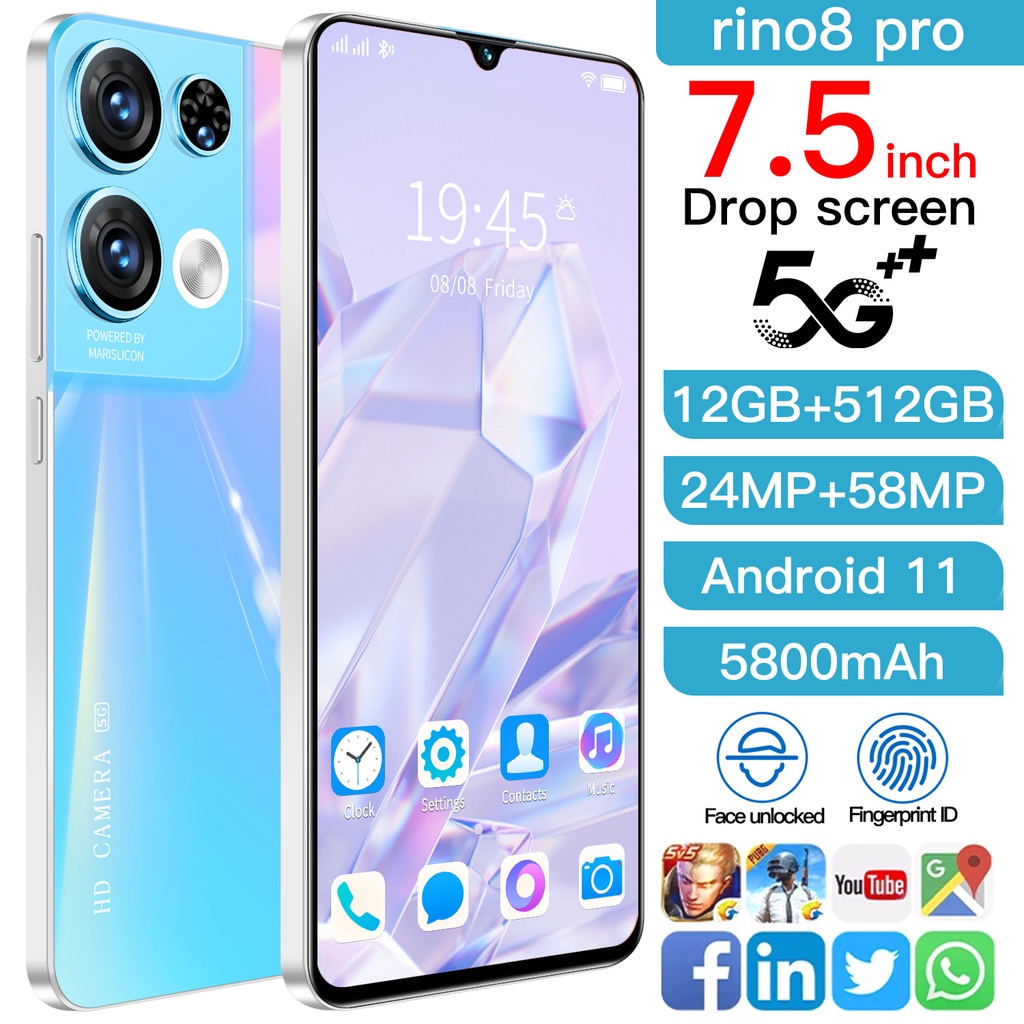 【 Bisa COD】Handphone Asli Rino 8 Pro 5G 7.5Inci Hp Smartphone RAM 12GB+512GB Handphone murah promo c