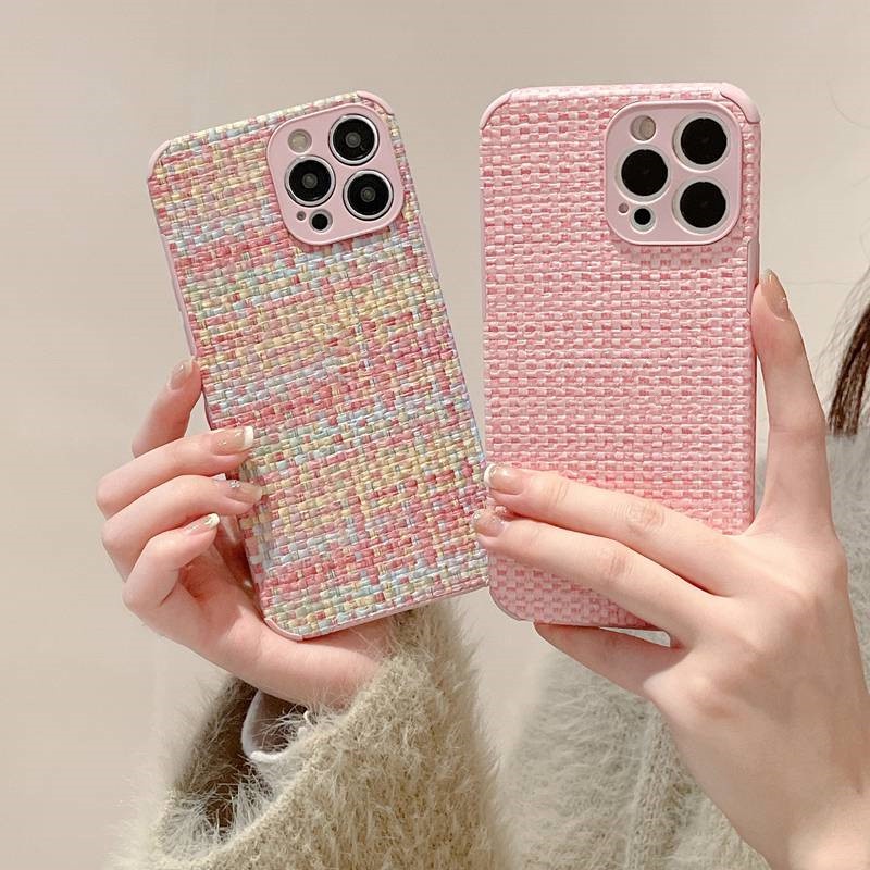 Fabric SoftCase for IPhone XR XS Max 11 12 13 Pro Max 14 Plus 14 Pro Max Luxury Girls Womens TOTE Beach bag Pink lattice Fashion