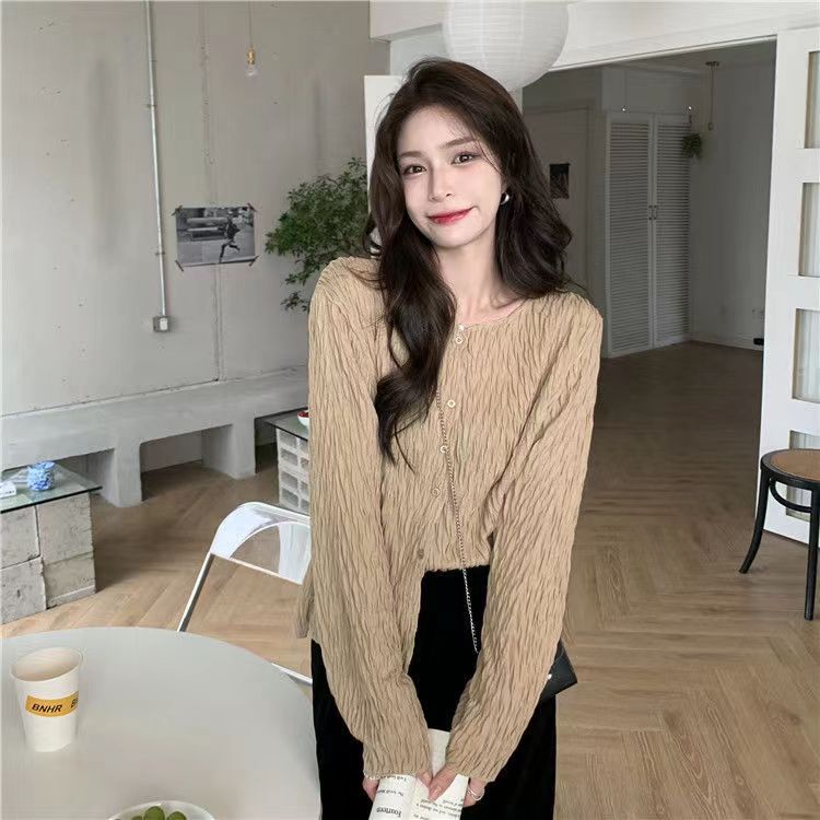 Kemeja Crinkle Korean Style V-neck Cardigan Crop Rajut Lengan Panjang