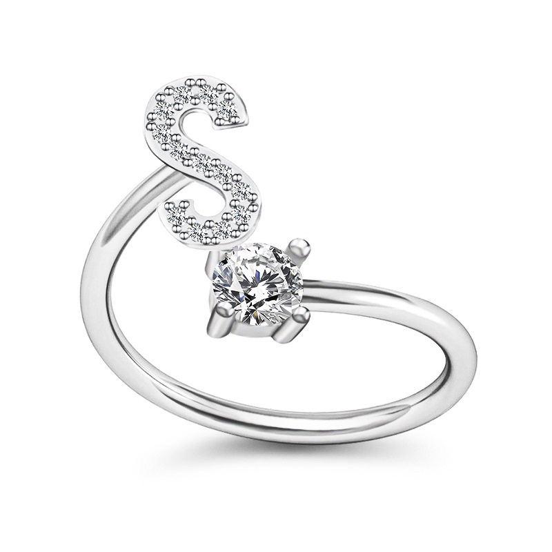 Korea Sederhana Surat Liar Berlian 26huruf Inggris Terbuka Adjustable Cincin Halo Perhiasan Gadis-S