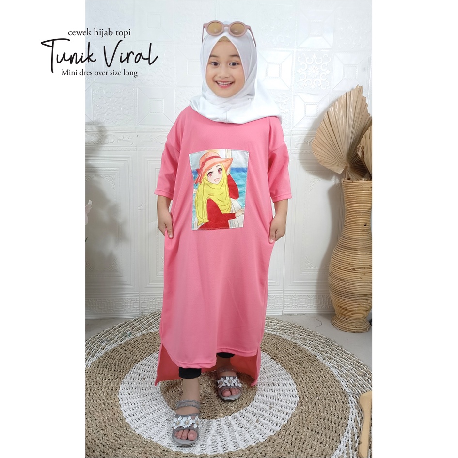 Gamis Anak Mini Dress Over Size Long Tunik Cewek Hijab Topi CKids