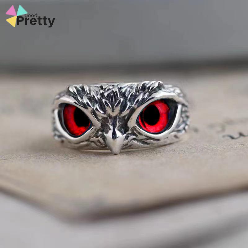 Kristal Vintage Style Burung Hantu Cincin Perak 925 Pria Wanita Punk Crystal Rings Adjustable Size - PD