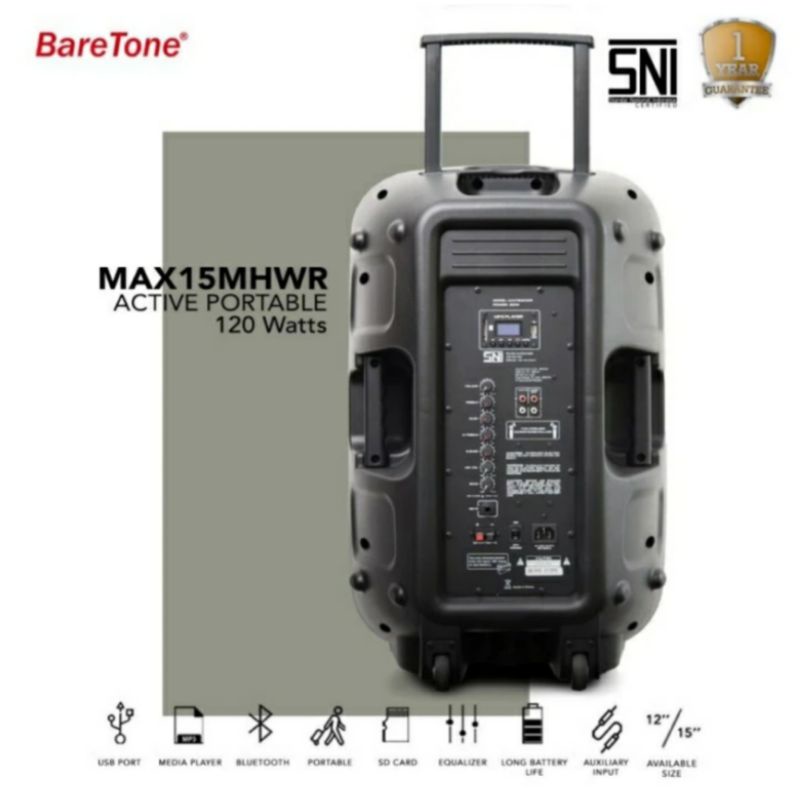 speaker portable original baretone max15mhwr usb bluetooth mp3 speaker karaoke 15 inch