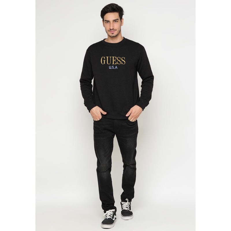 Sweater Crewneck Guess Bordir Cewek Premium- Black / Sweater Oversize