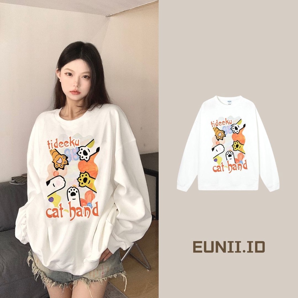 EUNII Sweater Lengan Panjang Cute Cat Paw Korean Style/Hoodie Oversize/Baju Wanita/Switer Wanita