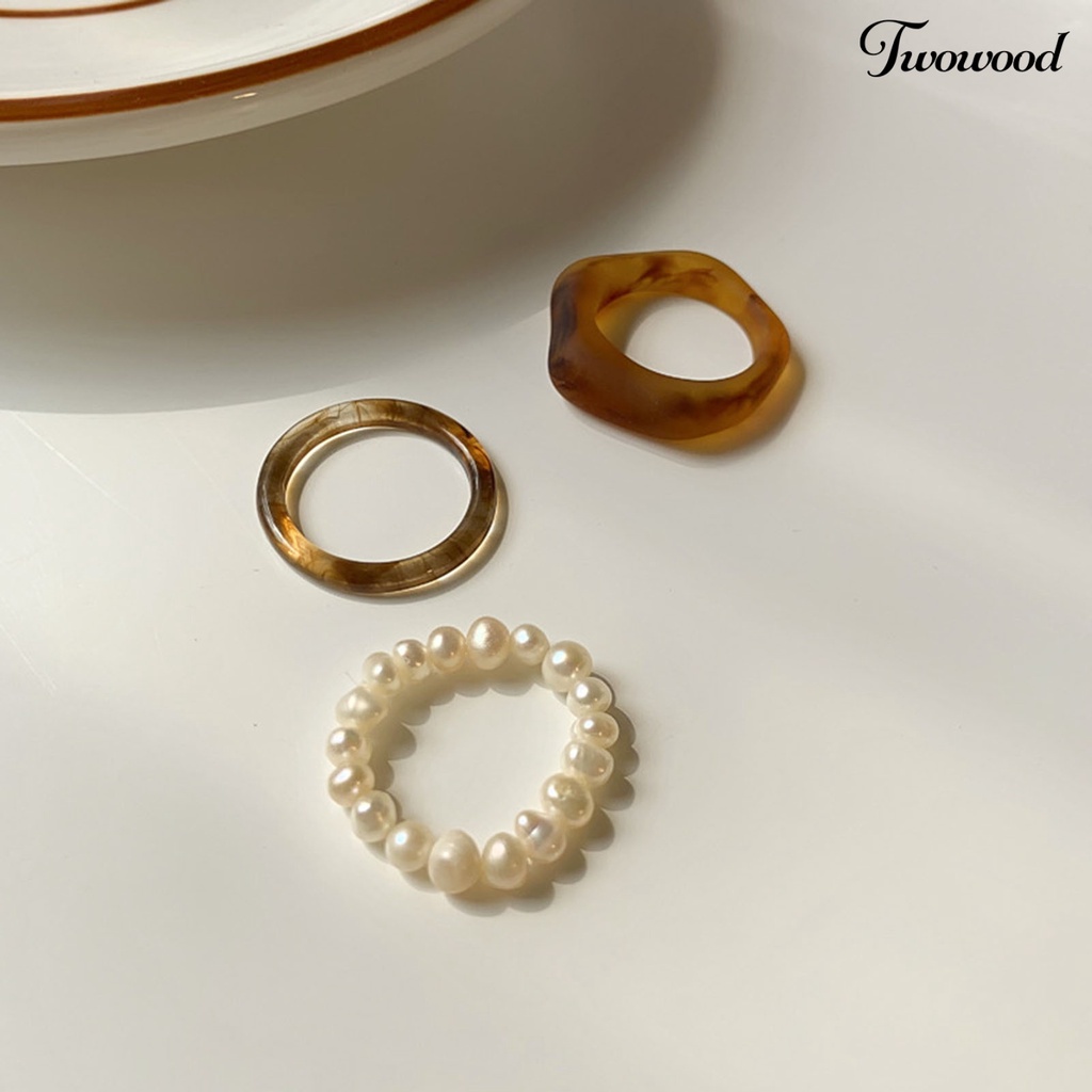 3pcs / Set Cincin Jari Transparan Aksen Mutiara Imitasi Gaya Simple Untuk Wanita