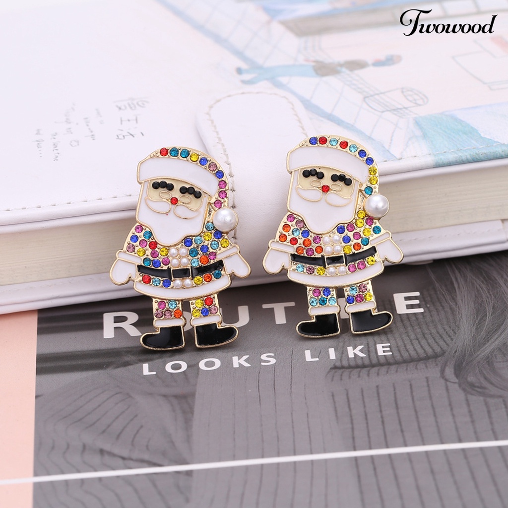 1 Pasang Anting Stud Desain Kartun Santa Claus Aksen Berlian Imitasi Untuk Wanita