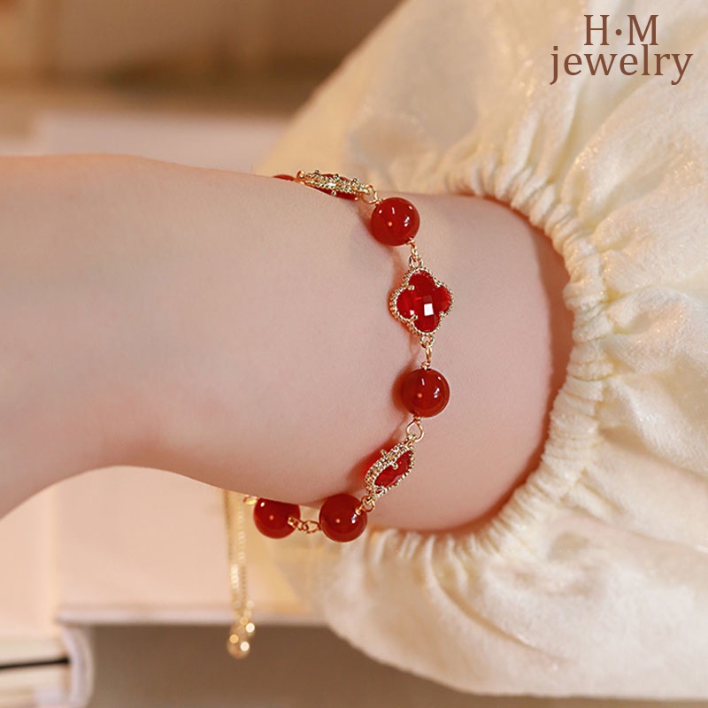 Gelang Tangan Batu Agate Merah Keberuntungan Clover Retro Adjustable Untuk Wanita 2022