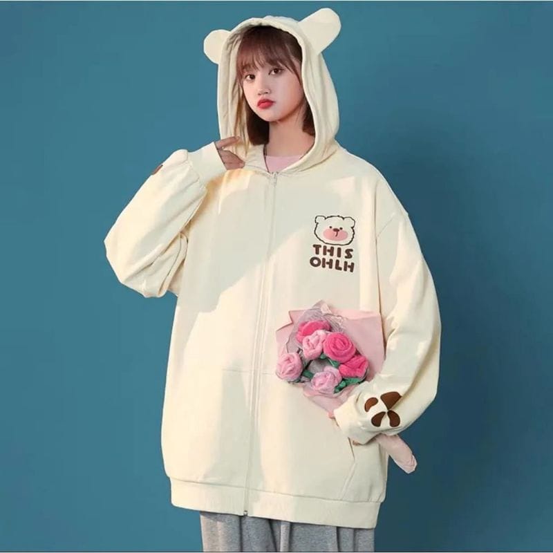 This Only Bear ZIper Hoodie Wanita  Lucu | Sweater Jaket Wanita Oversize Korean Style