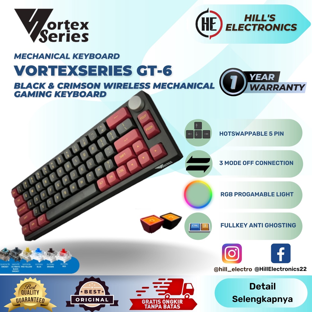 VortexSeries GT-6 Wireless Mechanical Keyboard Gaming Hotswappable - Hitam, Outemu Red