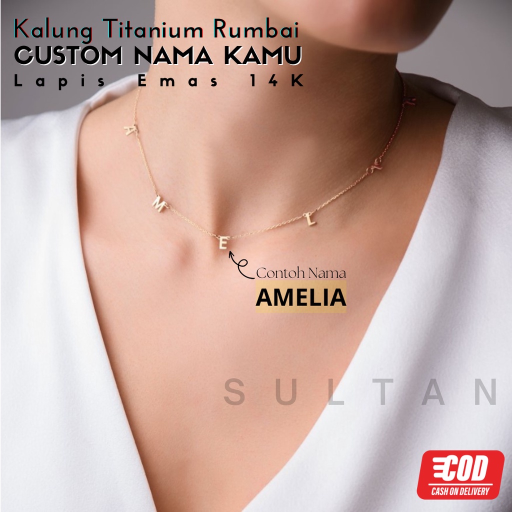 Kalung Nama Wanita model Rumbai (Korean Style) Titanium With Gold Coating