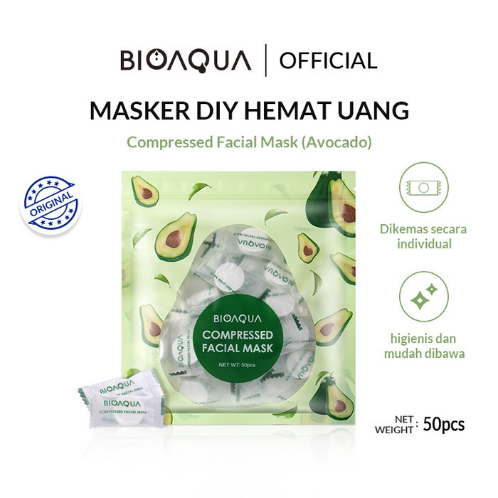 BIOAQUA Bio Aqua DIY Compressed Facial Face Mask isi 50 pcs Masker Kompres Peach Avocado Melembabkan Mencerahkan Memutihkan Kulit