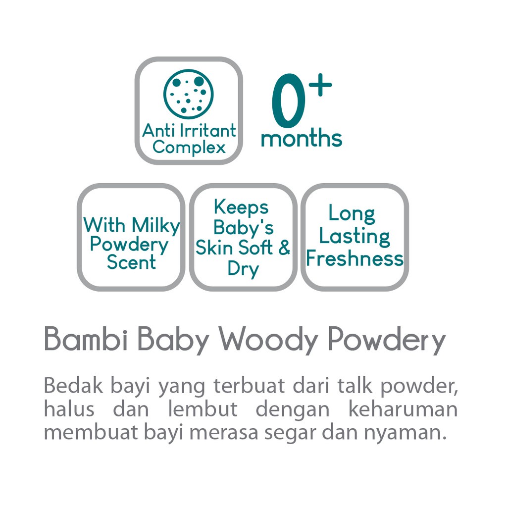 Bambi Baby Powder Blue Woody Powdery 250gr | Bedak Tabur Bayi Kulit Normal - Sensitif