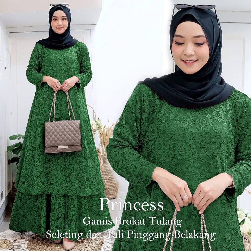 ELDE 5 - Princess Gamis Maxi JUMBO ( L - XL - XXL - XXXL ) Brukat tulang import lapis furing , seleting belakang , ada tali pinggang