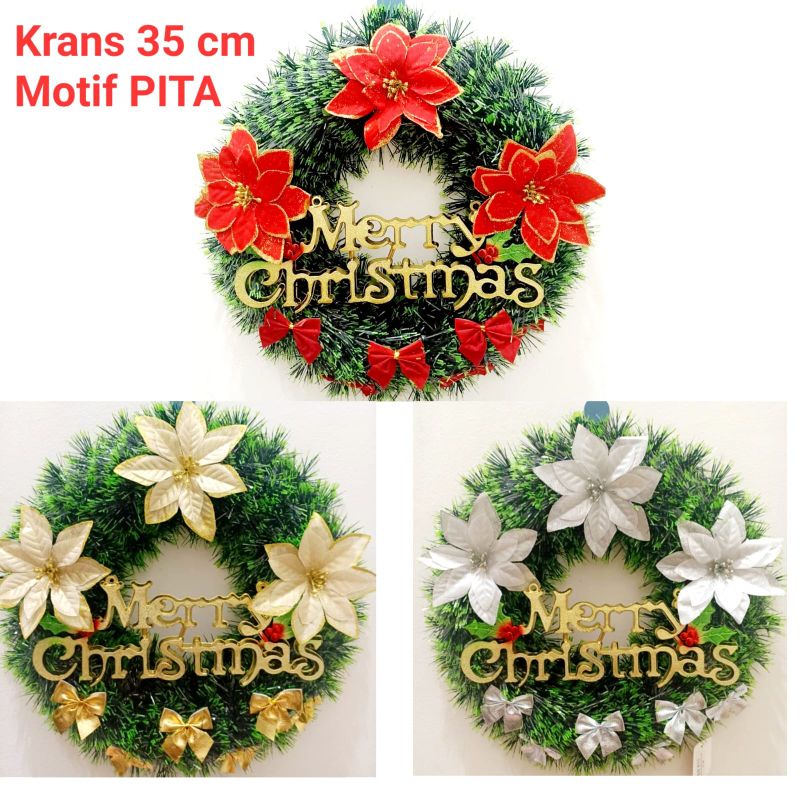 Krans Natal 35 cm Set Komplit Set Hiasan Bunga Daun Gantungan Pintu Wreath Natal.Christmas Gift Murah Ornamen Natal Pita Merah Emas Dekorasi Harga Grosir Termurah