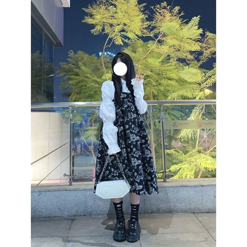 2022 awal musim semi kuliah gaya lengan engah murni putih all-match kemeja + floral tipis suspender rok setelan jas wanita fashion