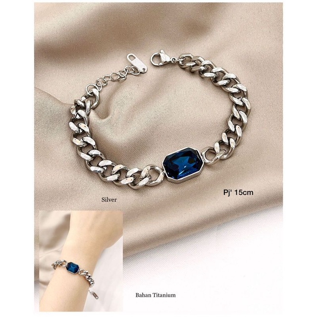 GELANG RANTAI SILVER BATU BIRU TITANIUM / GELANG TITANIUM RANTAI SILVER BATU CAT EYE BIRU SAFIR