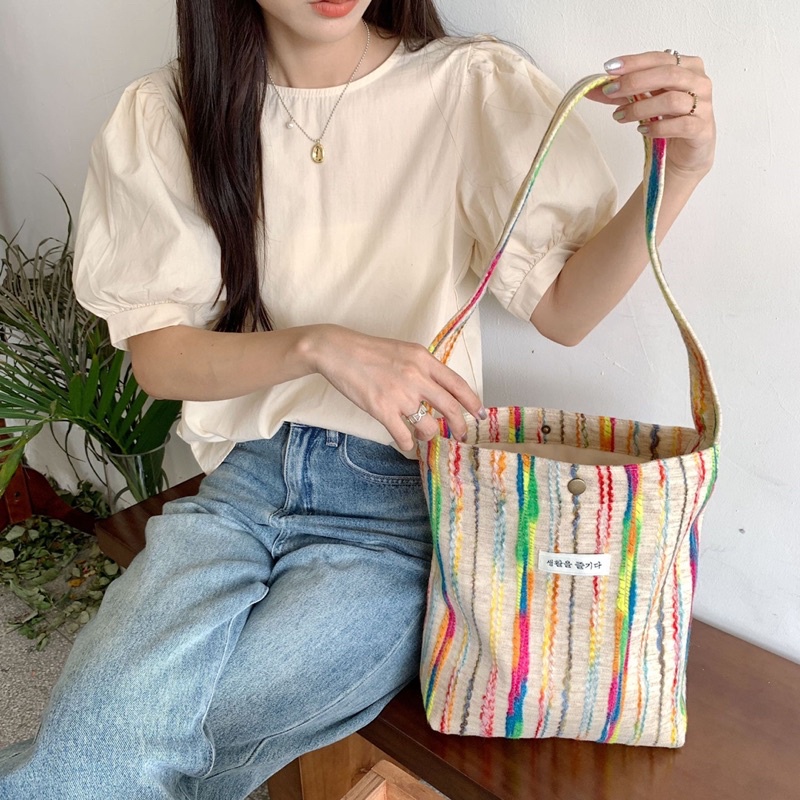 tas kain fashion korea tote bag wanita cantik lucu rainbow pelangi tas bahu besar totebag ala korean style perempuan kekinian viral murah premium berkualitas kuliah kerja sekolah ringan TAS10