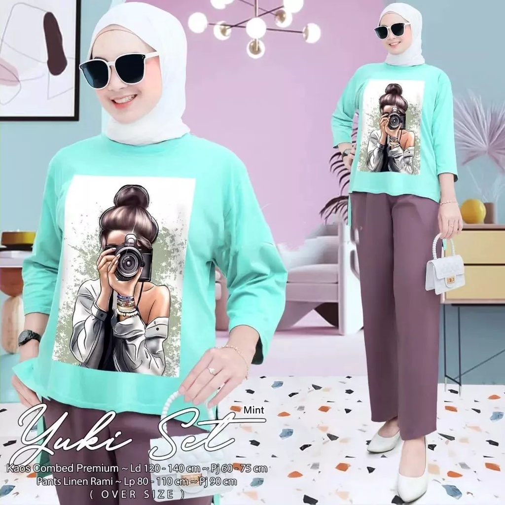 YUKI SET BAHAN KAOS KATUN COMBED 24s MOTIF POLOS APLIKASI SABLON UKURAN M L XL DAN XXL SETELAN KAOS COMBED WANITA JUMBO VIRAL SET WANITA CASUAL TERBARU 2022 ONE SET WANTA HIJAB KOREAN STYLE ATASAN DAN BAWAHAN  WANITA