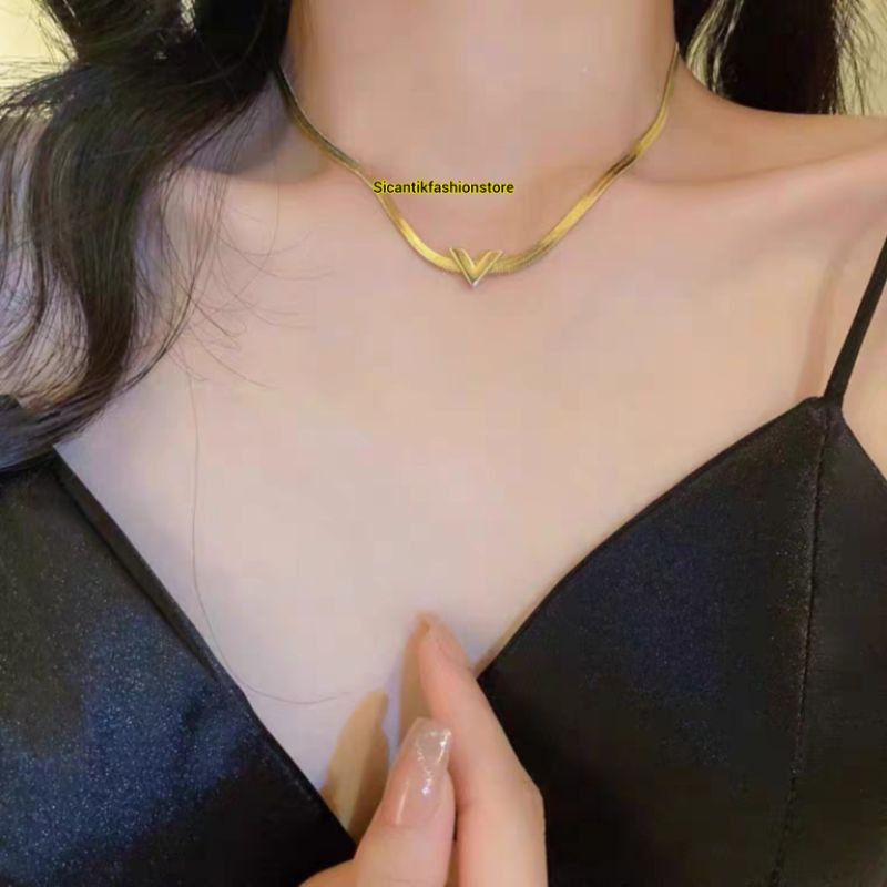 KALUNG WANITA TITANIUM PIPIH GOLD LIONTIN V TRENDING ASLI TITANIUM ANTI KARAT SELAMANYA KALUNG TITANIUM FASHION STYLE WANITA KOREA