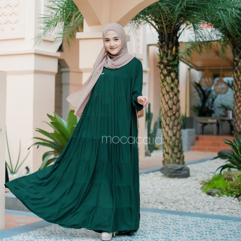 dress premium 7 susun hijau botol emerald firest green non busui sleting belakang bisa untuk prewed pre wedding lengan wudhu friendly flare flowy adem super lebar