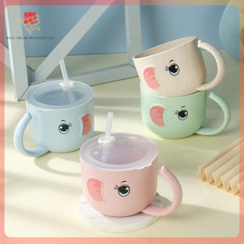 Gelas Minum Sedotan Anak Bentuk Gajah Lucu Anti Tumpah / Gelas Sedotan Bergagang Anak / Gelas Anak 320 ml