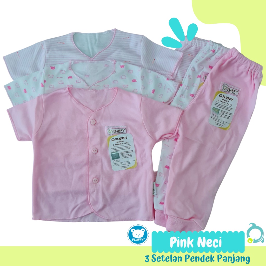 FLUFFY Pink Bis / Neci 3 Setelan Pendek Panjang ( 3 Baju 3 Celana) Baju Bayi Baru Lahir