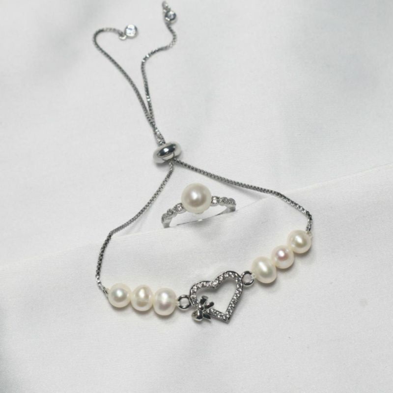 Gelang serut dan Cincin mutiara asli bentuk love rangka putih lapis emas