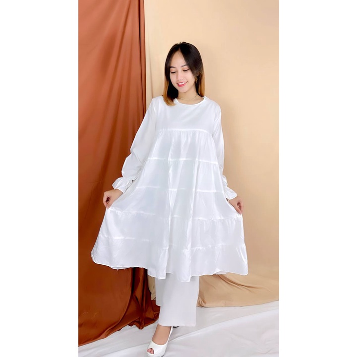 BEFAST - ZRX OOTD Tunik JUNYA / Cempaka Tunik Full Rufle Polos/ Pakaian Wanita Muslimah / Longdress Polos Formal / Fashion Wanita Pesta/Kondangan / Tunik Maxy Kekinian Remaja ABG / Dress Lengan Panjang Trendy / Terlaris