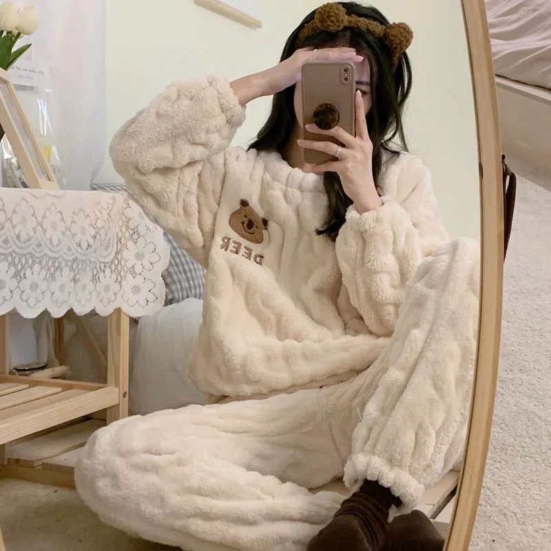 Suhao Hangat Piyama Wanita Musim Gugur dan Musim Dingin Flanel Net Merah Winnie The Pooh Pullover Leher Bulat Flanel Lucu Kartun Rumah pakaian