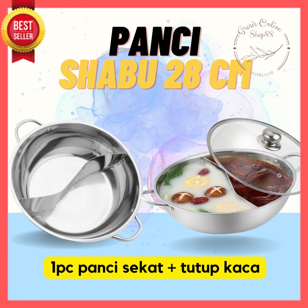 [GOS] D306-Panci Shabu 28 Cm Tutup Kaca - Panci Hotpot Steamboat Sabu 2 Sekat