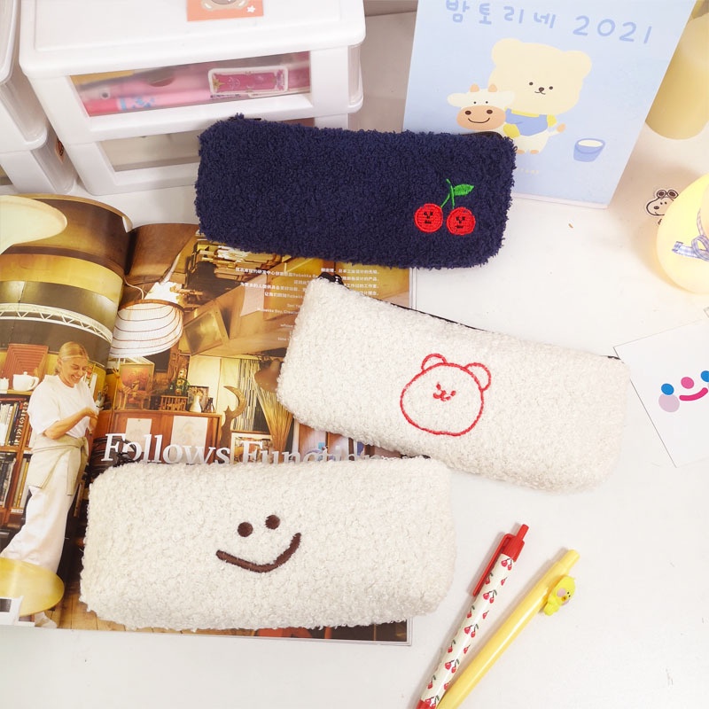 

Smile Embroidered Lamb Plush Pencil Bag Cute Korea Soft Pencilcase School Office Stationery Supplies