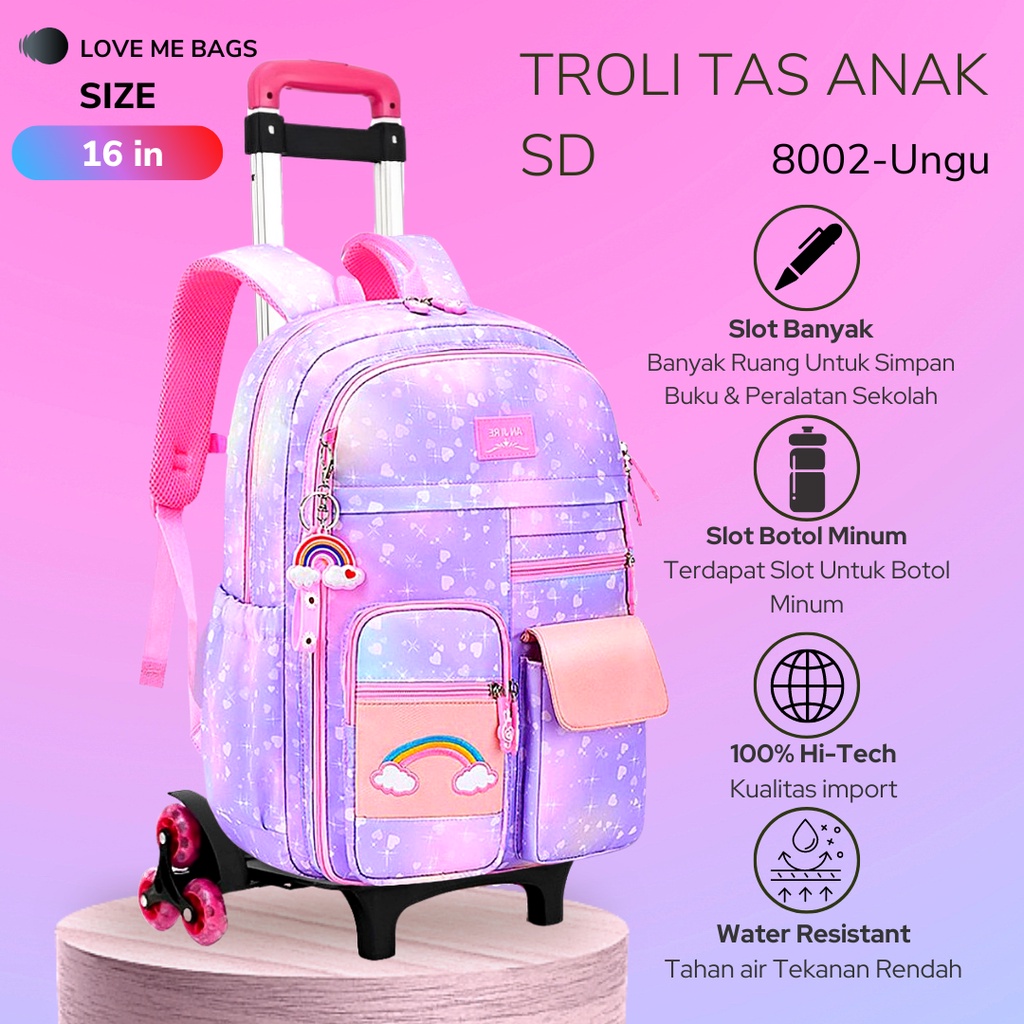 Tas Troli Roda 3 Anak Sekolah Perempuan SD Remaja Import Bisa Lepas Pasang Bahan Parasut Import Tebal Gratis Raincover