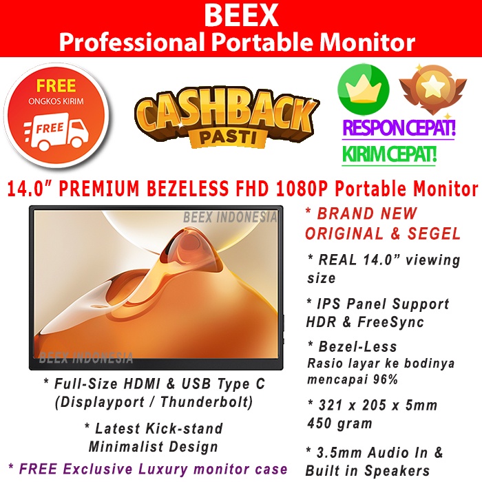 BeeX.ID 14&quot; Full HD Portable Gaming Monitor Cable PS4 Nintendo Switch