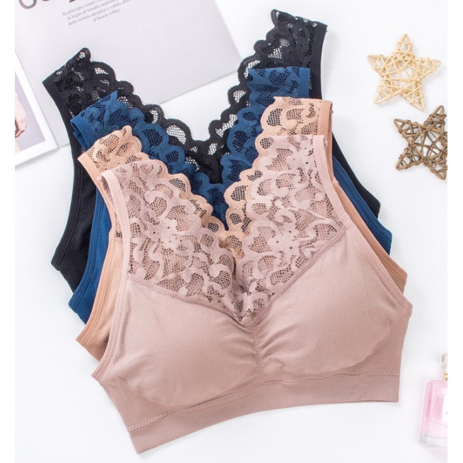 JT - TK010 Bra Push Up Seamless Tanpa Kawat Pakaian Dalam BH V neck Hiasan Renda Motif Bunga