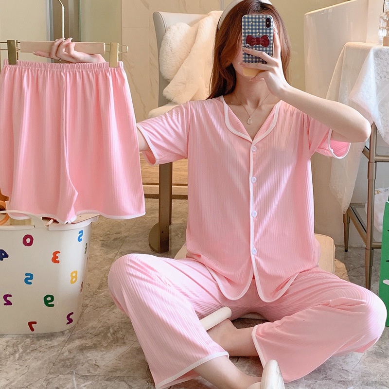 【 Bra Mall 】BM-346 Piyama 3in1 Dewasa Baju Tidur Set Model Kancing Depan Impor Dapat Baju Celana Panjang dan Celana Pendek