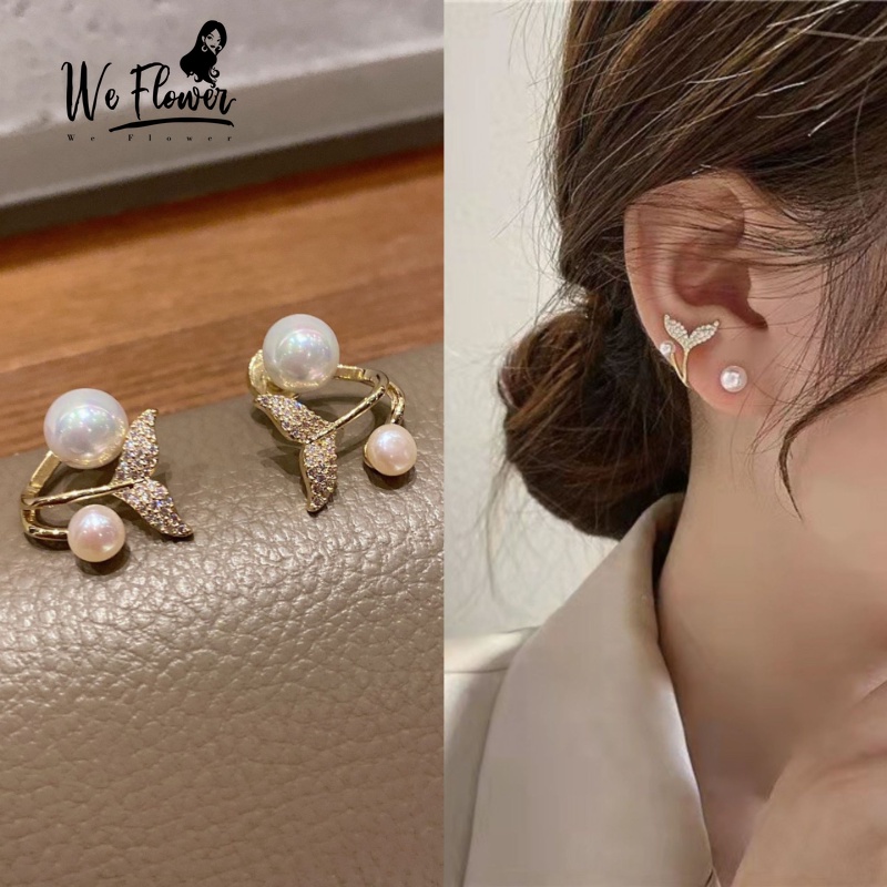 We Flower Anting Stud Desain Kupu-Kupu Ekor Ikan Hias Kristal Mutiara Gaya Korea Untuk Wanita