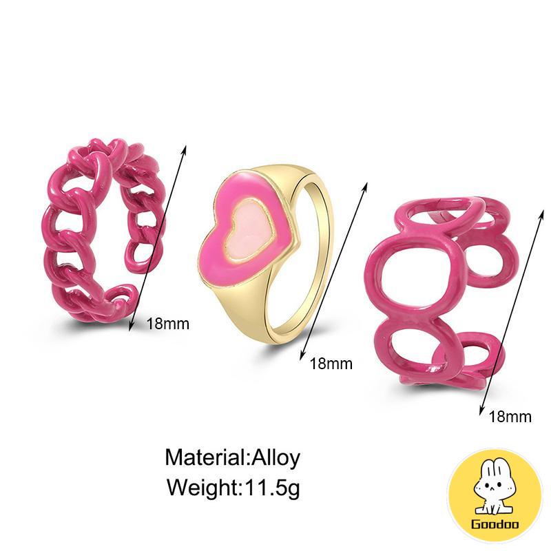 3PCS Heart Geometry Rings Cincin Geometri Jantung Cincin Mode Menetes Minyak yang Dapat Disesuaikan untuk Aksesoris Perhiasan Wanita -Doo