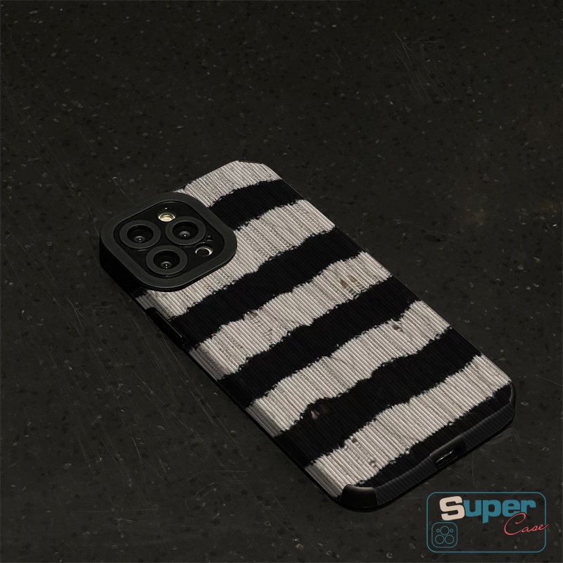 Soft Case Bahan Kulit Tekstur Garis Hitam Putih Gaya Retro Untuk iPhone XR 11 14 13 12 Pro Max X XS Max 7 8 Plus