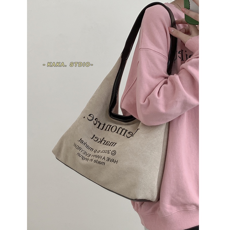 Suhao kulit rusa beludru tas ketiak wanita 2022 baru trendi fashion alfabet tote bag tekstur ceruk tas bahu kapasitas besar