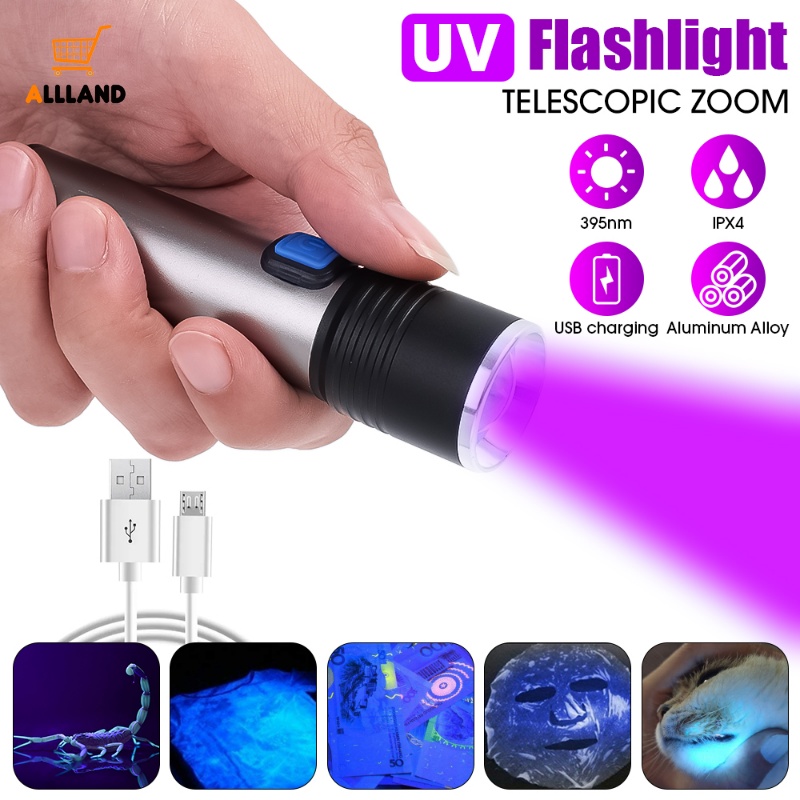 Lampu Senter LED UV Mini 395nm Zoomable Rechargeable Portable